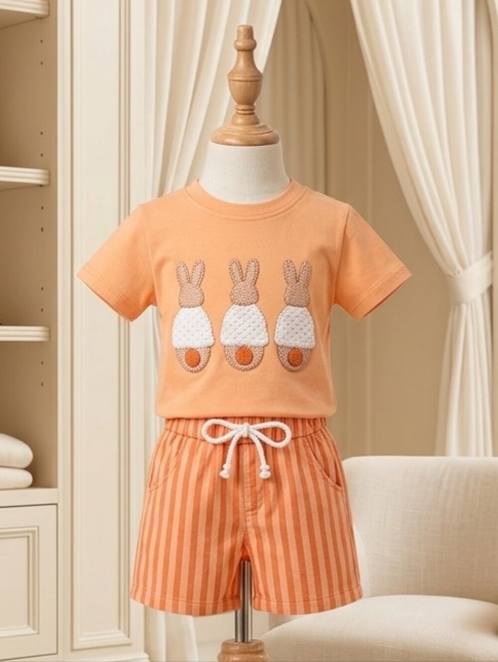 NWT Marie Nicole Orange Embroidered Bunny Shorts Set Sz 6-12M
